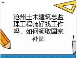 沧州土木建筑总监理工程师好找工作吗，如何领取国家补贴
